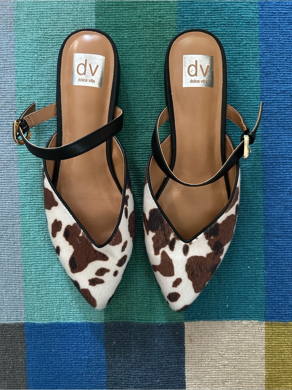 Dolce Vita cow print pointy slip on flats